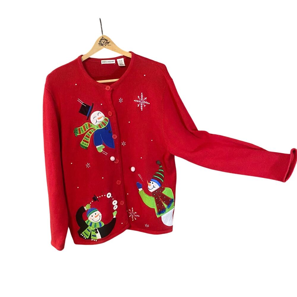 Rebecca Malone Red Snowman Christmas Sweater XL Embroidered Applique Cardigan